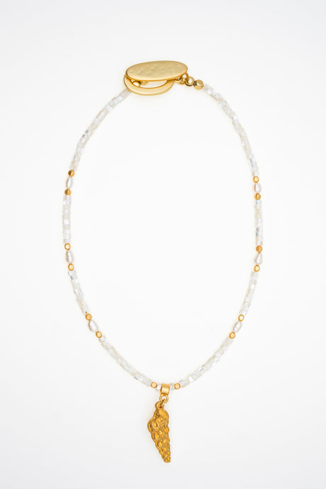 Pranella Bessie White Beaded Gold Shell Necklace